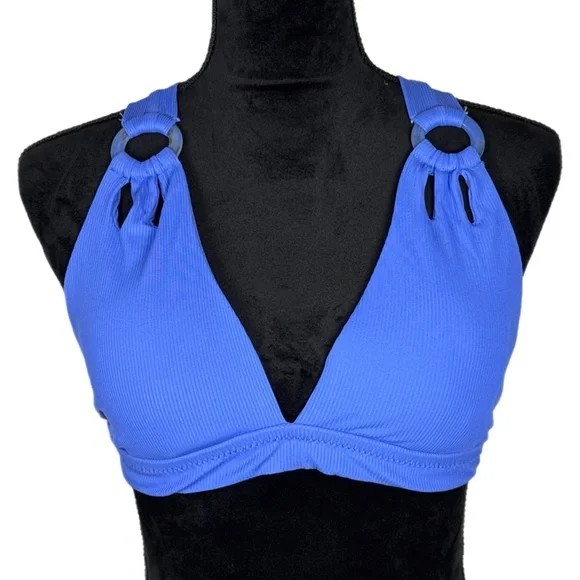 BECCA Bright Periwinkle Blue Ribbed Bikini Crisscross Back Bikini Top NWT Size M - Picture 2 of 12